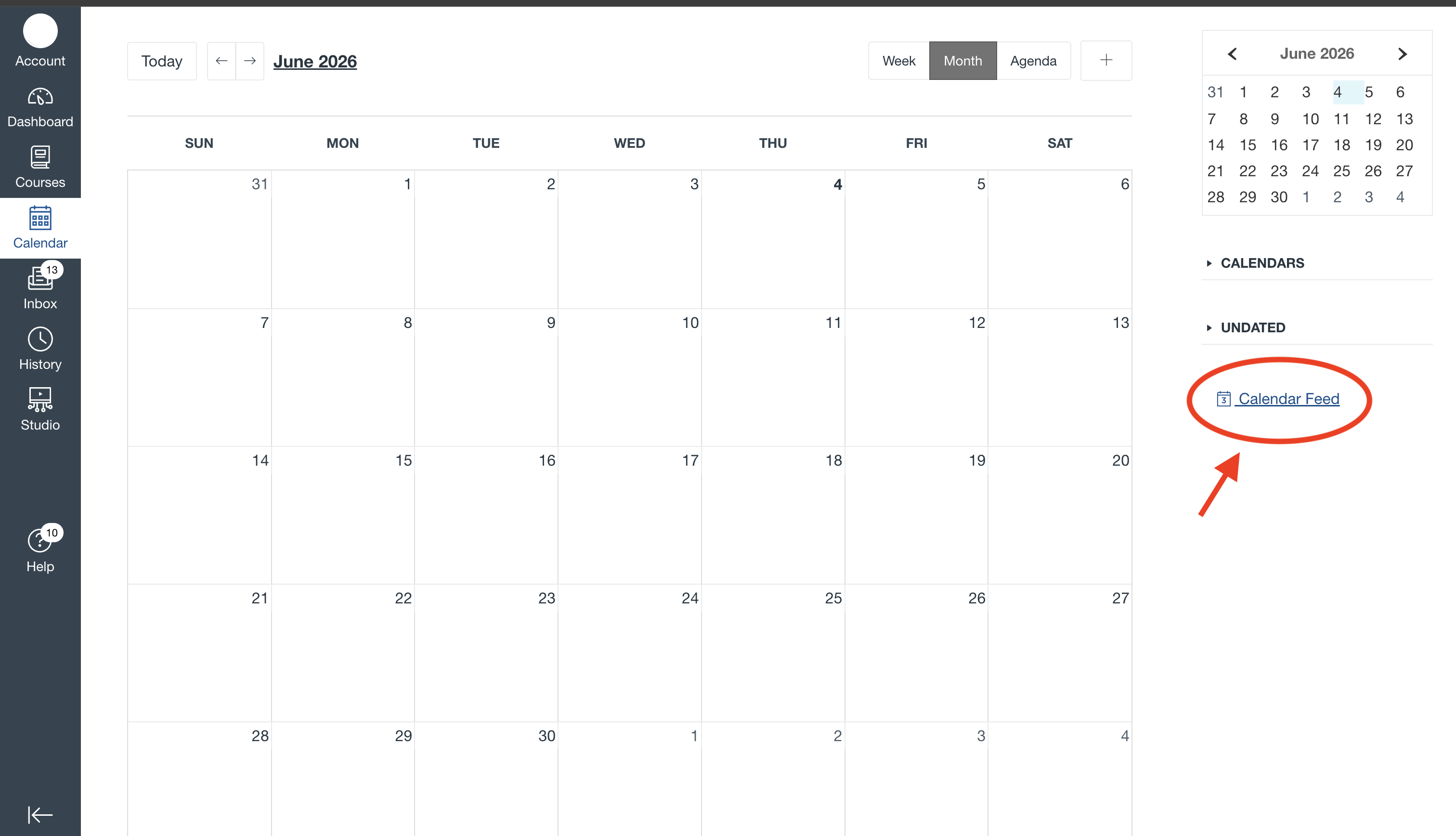 Canvas Calendar page with the Calendar Feed link circled.