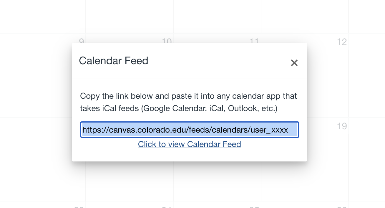 Canvas Calendar Feed popup with the feed link selected.